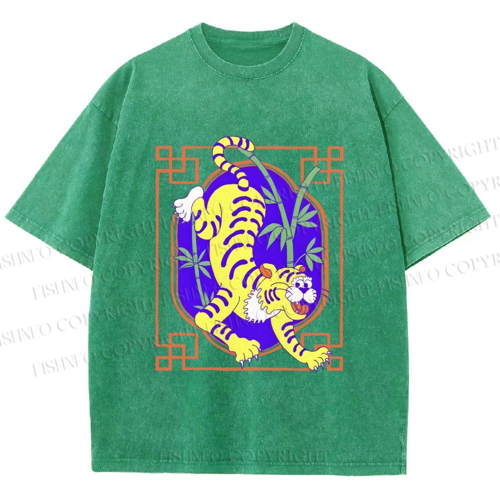 Unisex Silly Tiger Printed Washed Tee