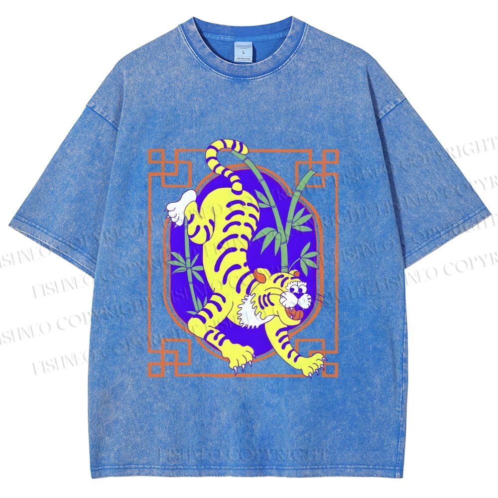 Unisex Silly Tiger Printed Washed Tee