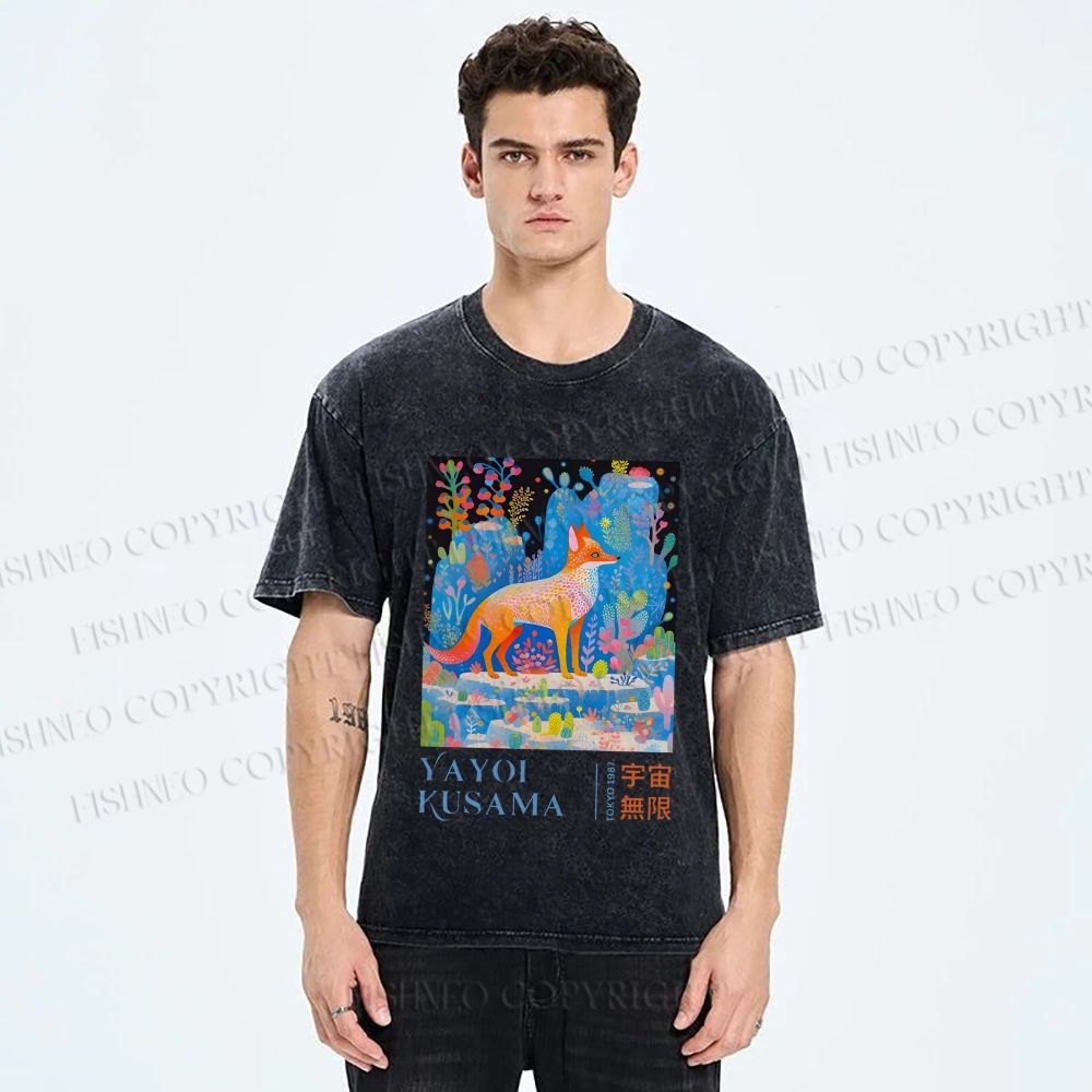 Unisex Yayoi Kusama Fox Printed Washed Tee