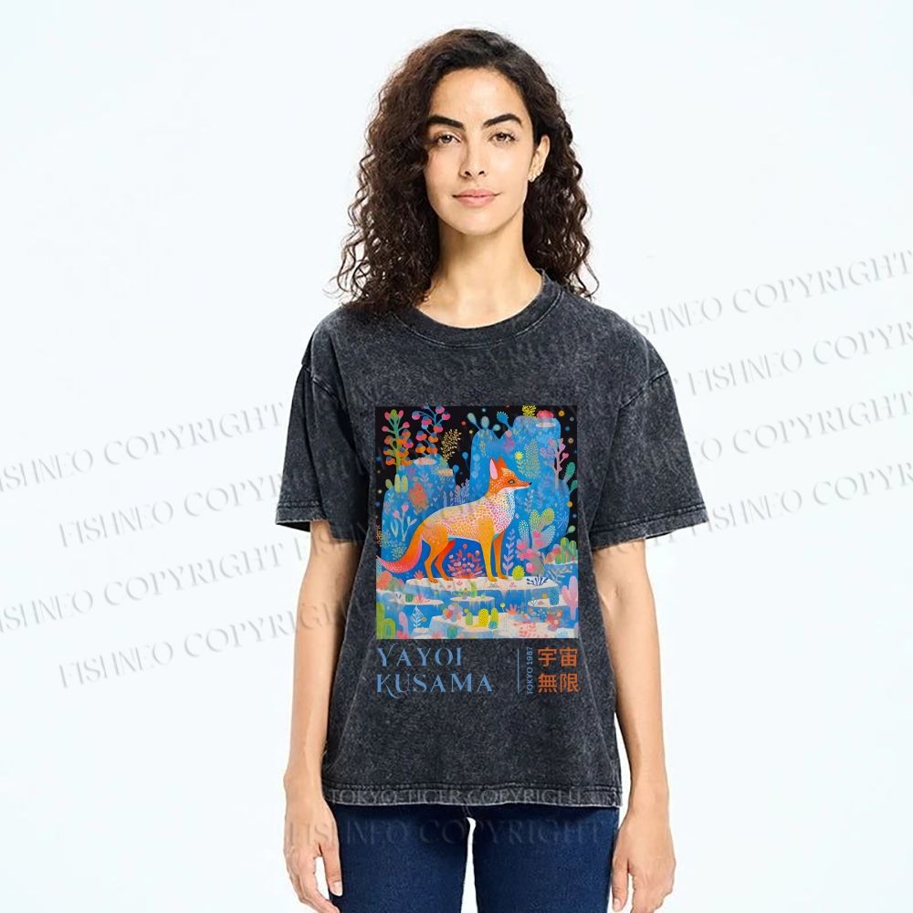 Unisex Yayoi Kusama Fox Printed Washed Tee