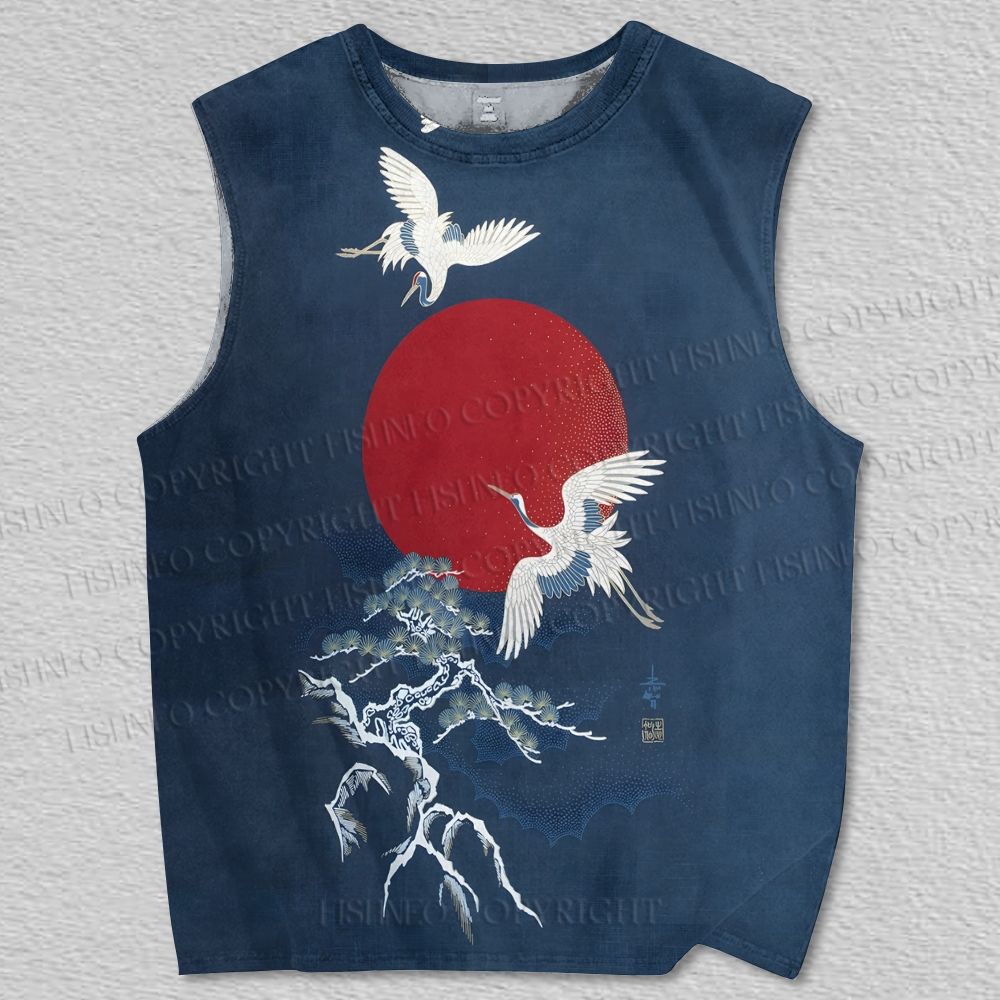 Unisex Flying Crane And Pine Tree Printed Tank Top