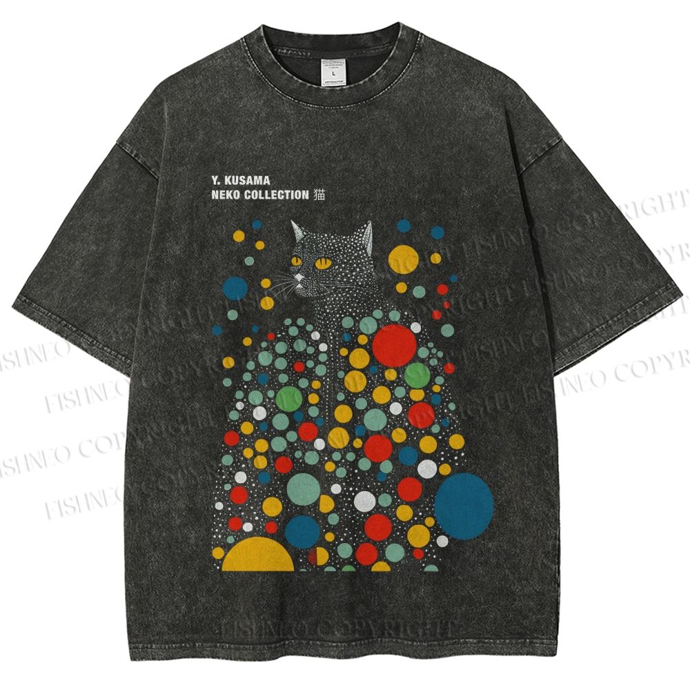 Unisex Yayoi Kusama Polka Dot Cat Printed Washed Tee