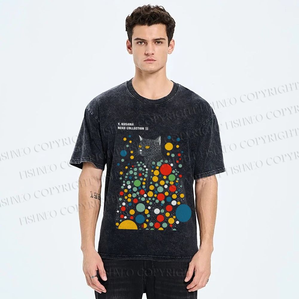 Unisex Yayoi Kusama Polka Dot Cat Printed Washed Tee