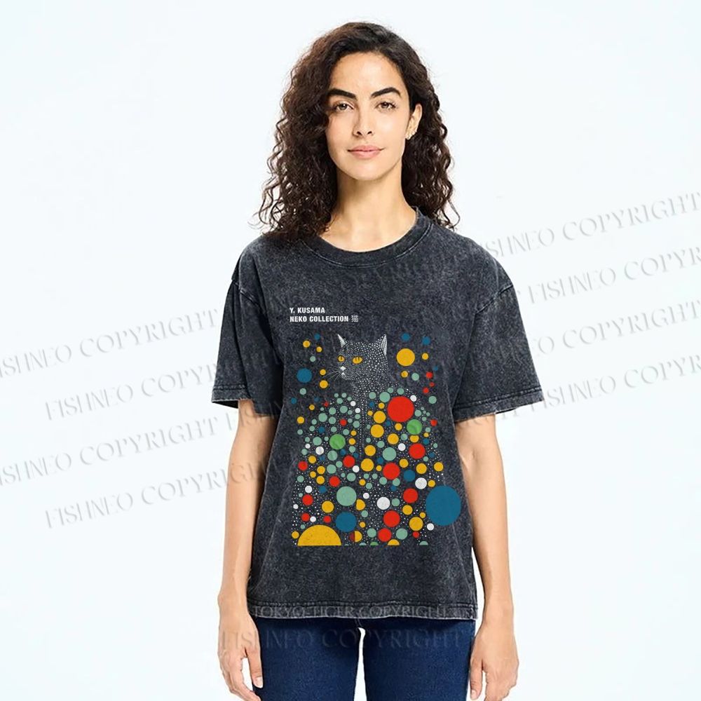 Unisex Yayoi Kusama Polka Dot Cat Printed Washed Tee