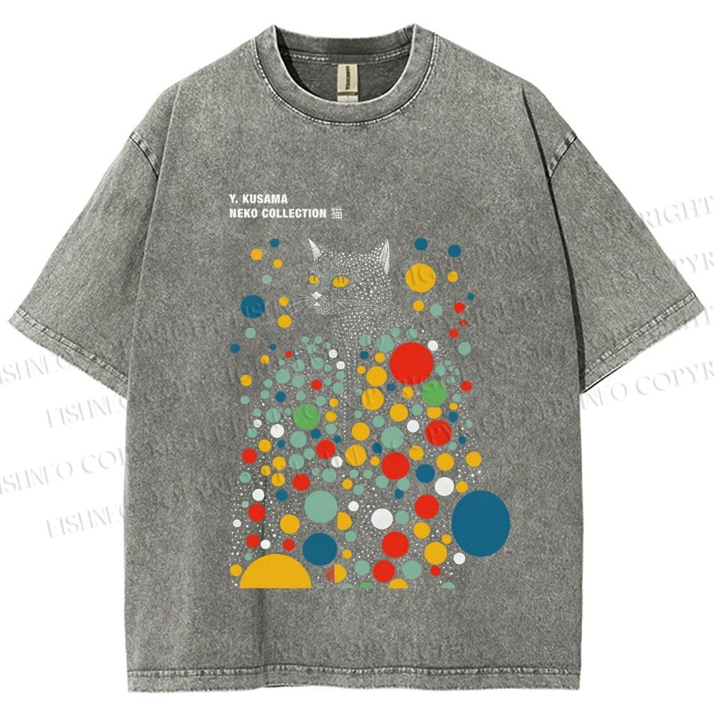 Unisex Yayoi Kusama Polka Dot Cat Printed Washed Tee