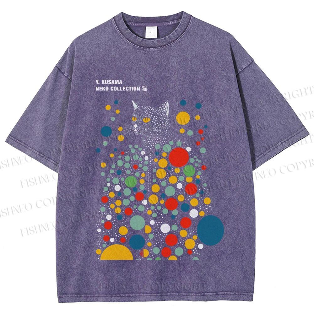 Unisex Yayoi Kusama Polka Dot Cat Printed Washed Tee