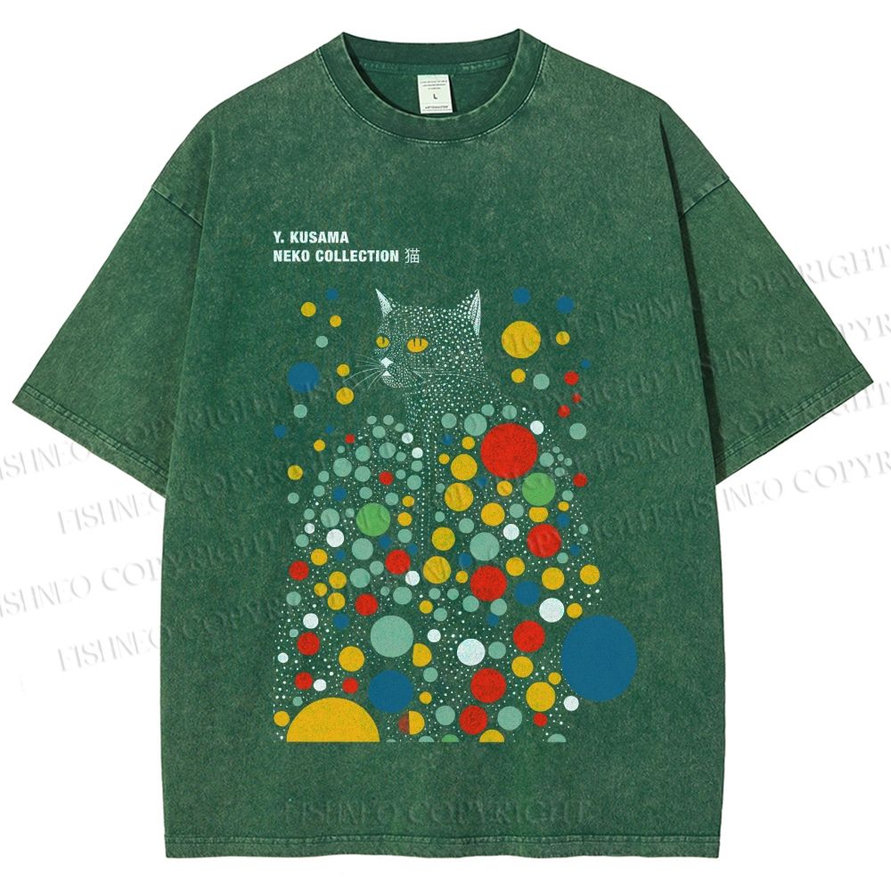Unisex Yayoi Kusama Polka Dot Cat Printed Washed Tee