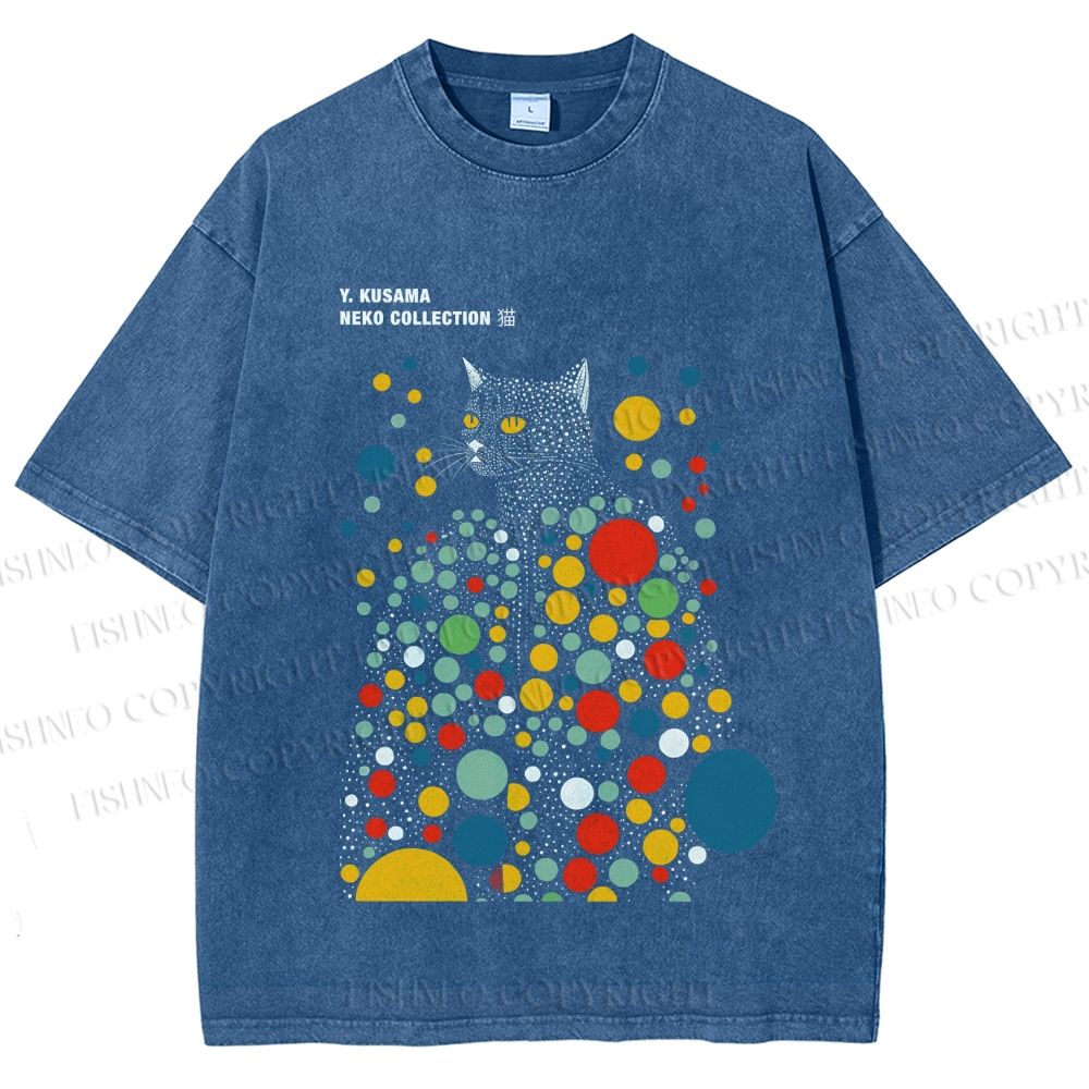 Unisex Yayoi Kusama Polka Dot Cat Printed Washed Tee