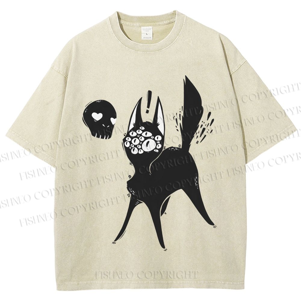 Unisex Many Eyed Black Cat Printed Washed Tee