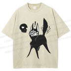 Unisex Many Eyed Black Cat Printed Washed Tee