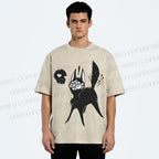 Unisex Many Eyed Black Cat Printed Washed Tee
