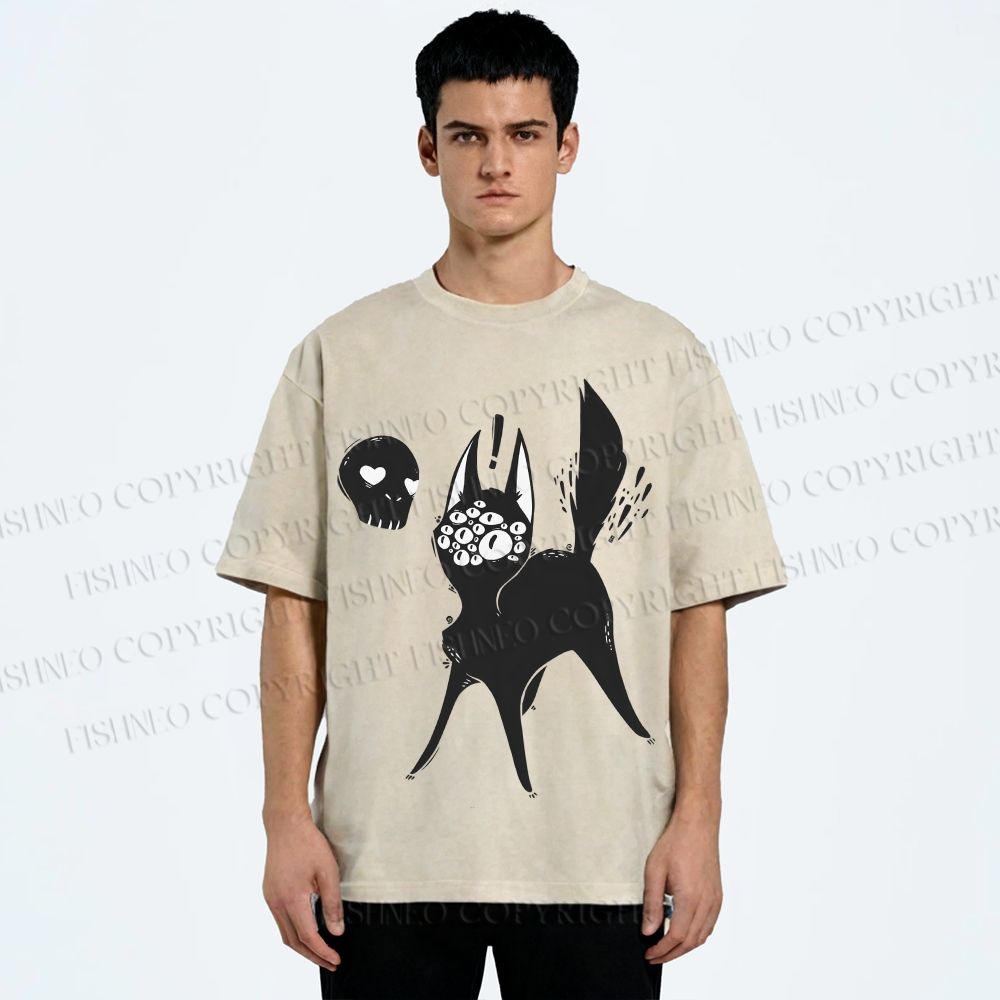 Unisex Many Eyed Black Cat Printed Washed Tee