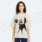 Unisex Many Eyed Black Cat Printed Washed Tee