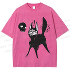 Unisex Many Eyed Black Cat Printed Washed Tee