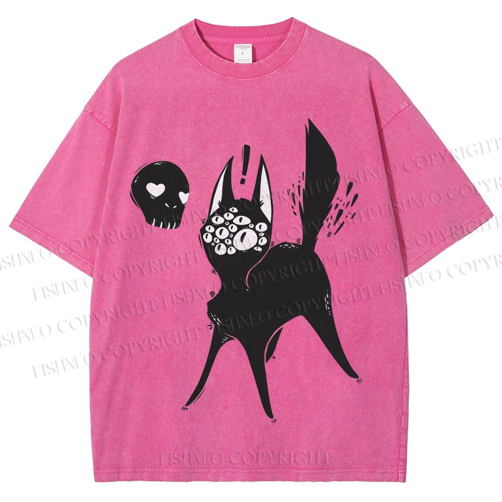 Unisex Many Eyed Black Cat Printed Washed Tee