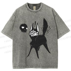 Unisex Many Eyed Black Cat Printed Washed Tee