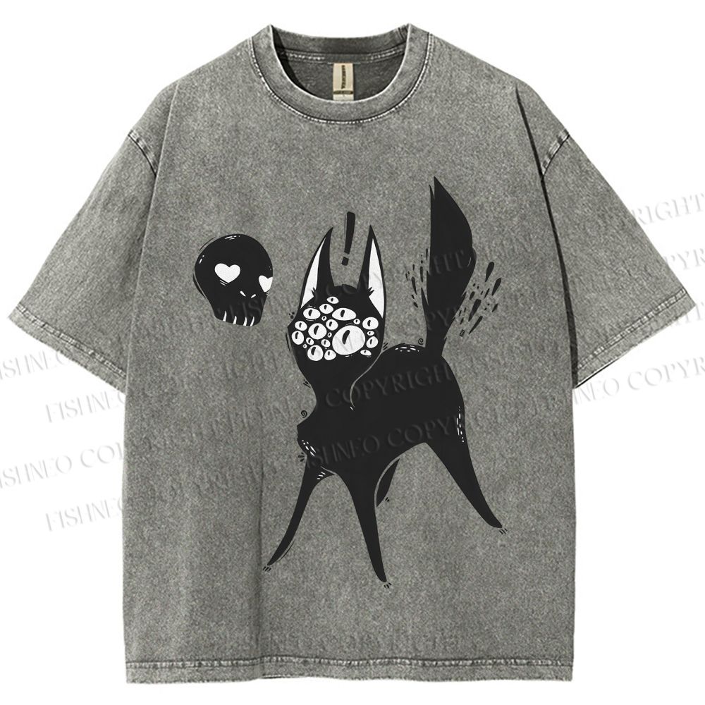 Unisex Many Eyed Black Cat Printed Washed Tee