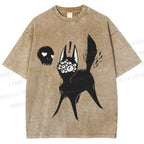 Unisex Many Eyed Black Cat Printed Washed Tee