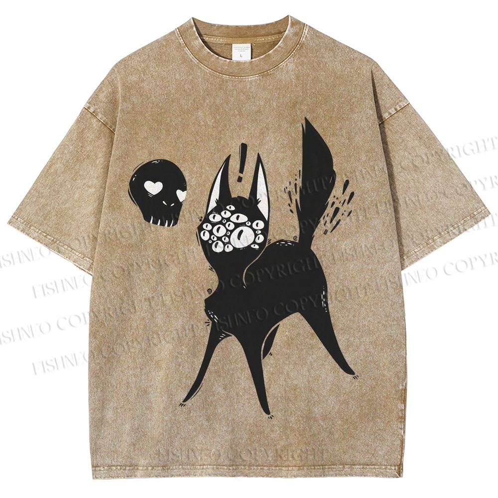 Unisex Many Eyed Black Cat Printed Washed Tee