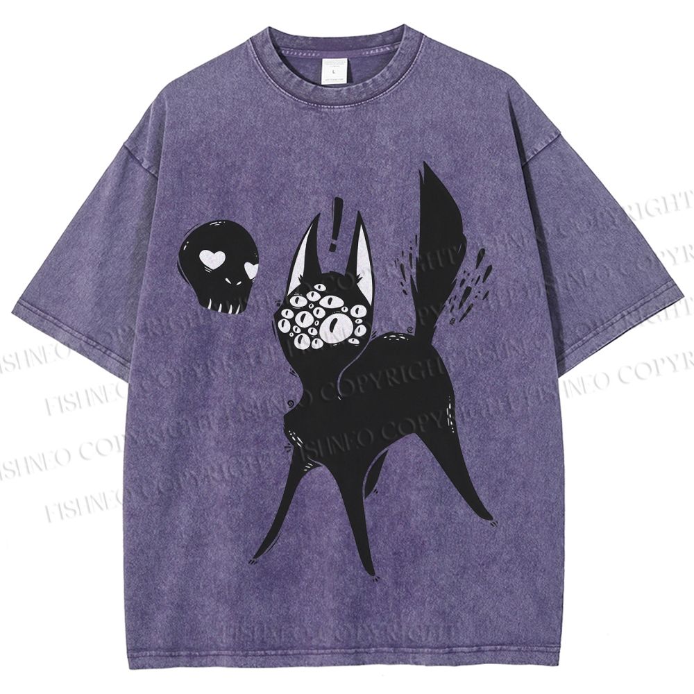 Unisex Many Eyed Black Cat Printed Washed Tee