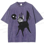 Unisex Many Eyed Black Cat Printed Washed Tee