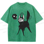 Unisex Many Eyed Black Cat Printed Washed Tee