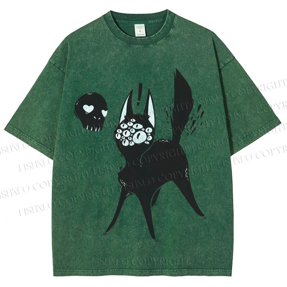 Unisex Many Eyed Black Cat Printed Washed Tee