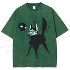 Unisex Many Eyed Black Cat Printed Washed Tee