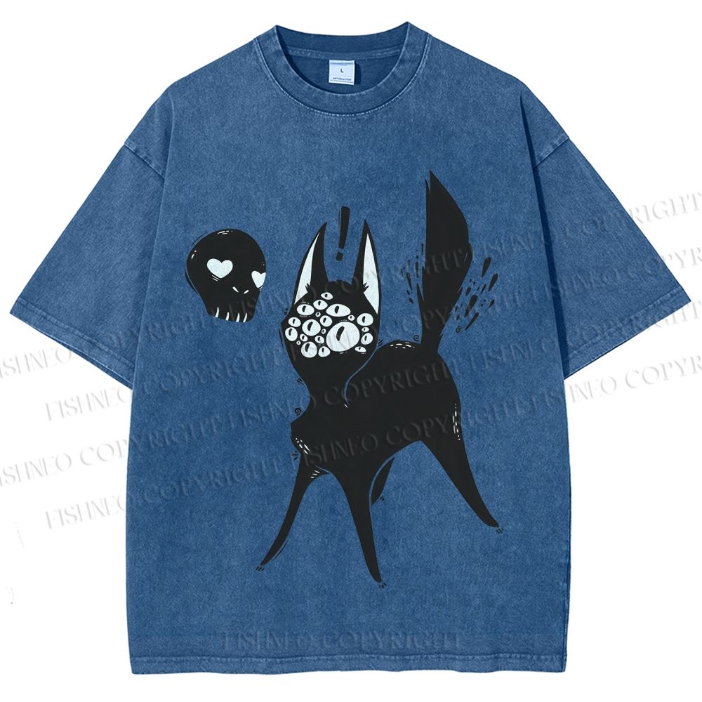 Unisex Many Eyed Black Cat Printed Washed Tee