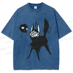 Unisex Many Eyed Black Cat Printed Washed Tee