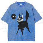 Unisex Many Eyed Black Cat Printed Washed Tee