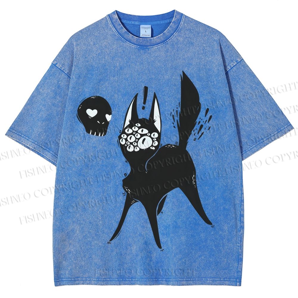 Unisex Many Eyed Black Cat Printed Washed Tee