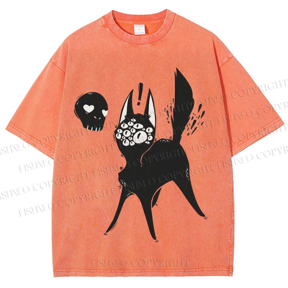 Unisex Many Eyed Black Cat Printed Washed Tee