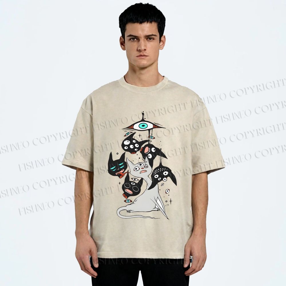 Unisex Mystic Cat Printed Washed Tee