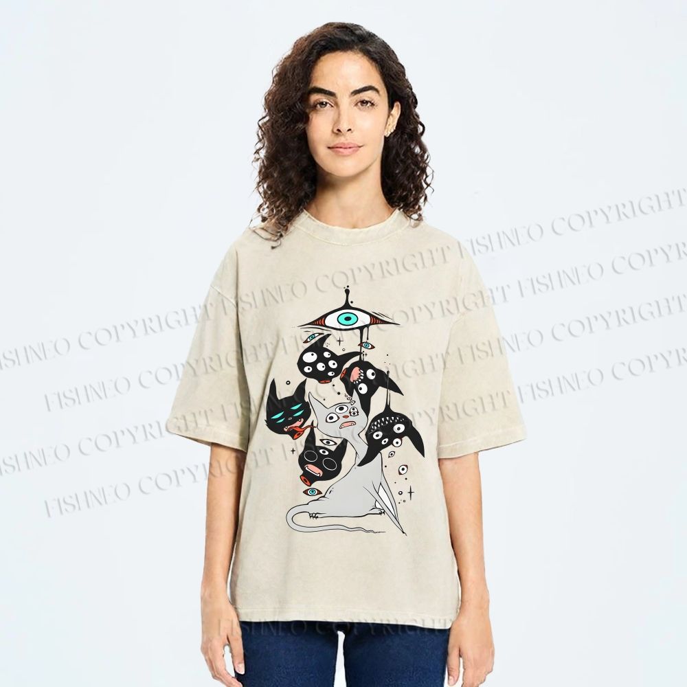 Unisex Mystic Cat Printed Washed Tee