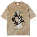 Unisex Mystic Cat Printed Washed Tee