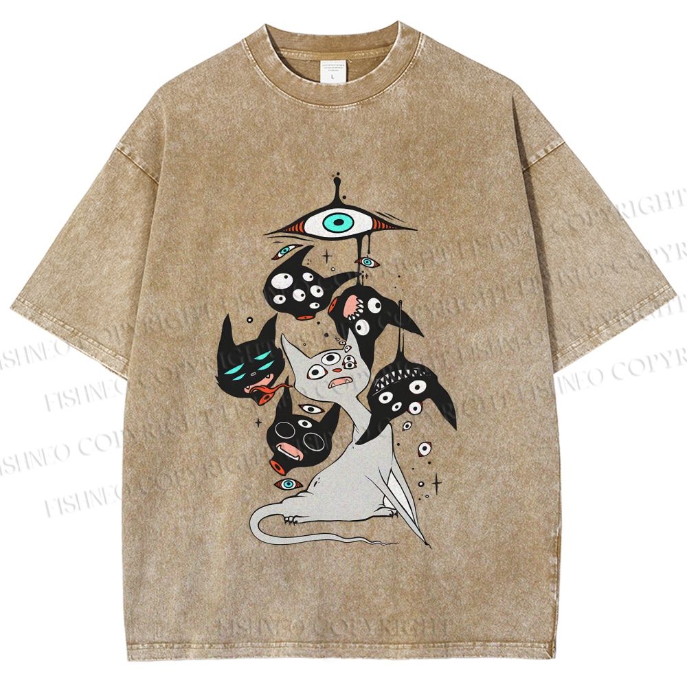 Unisex Mystic Cat Printed Washed Tee