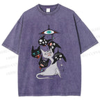 Unisex Mystic Cat Printed Washed Tee