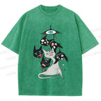 Unisex Mystic Cat Printed Washed Tee