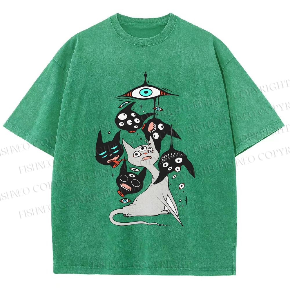 Unisex Mystic Cat Printed Washed Tee