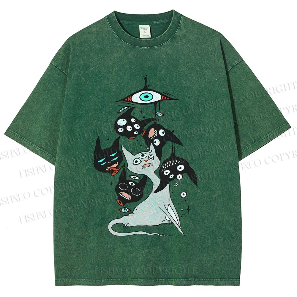 Unisex Mystic Cat Printed Washed Tee