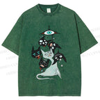 Unisex Mystic Cat Printed Washed Tee