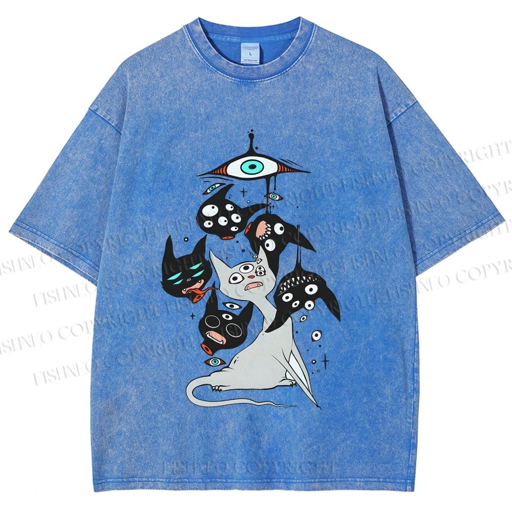 Unisex Mystic Cat Printed Washed Tee