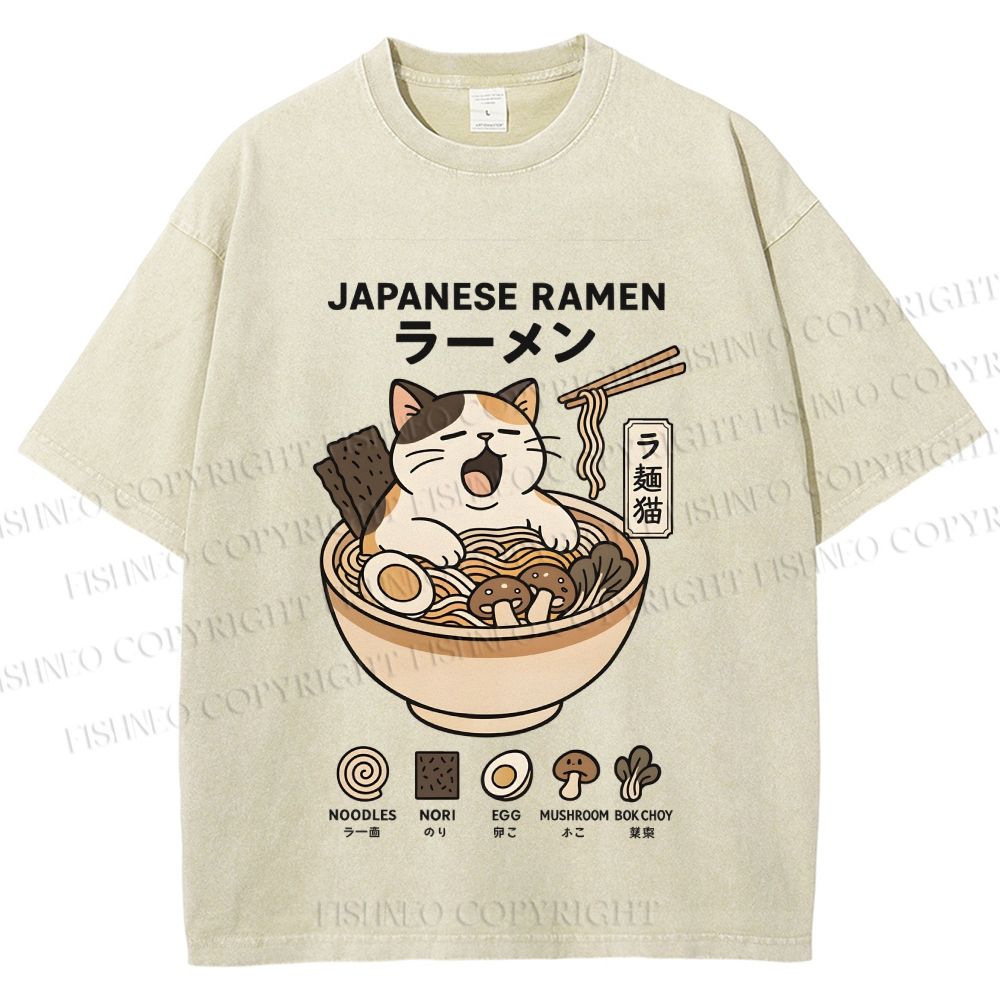 Unisex Ramen Cat Printed Washed Tee
