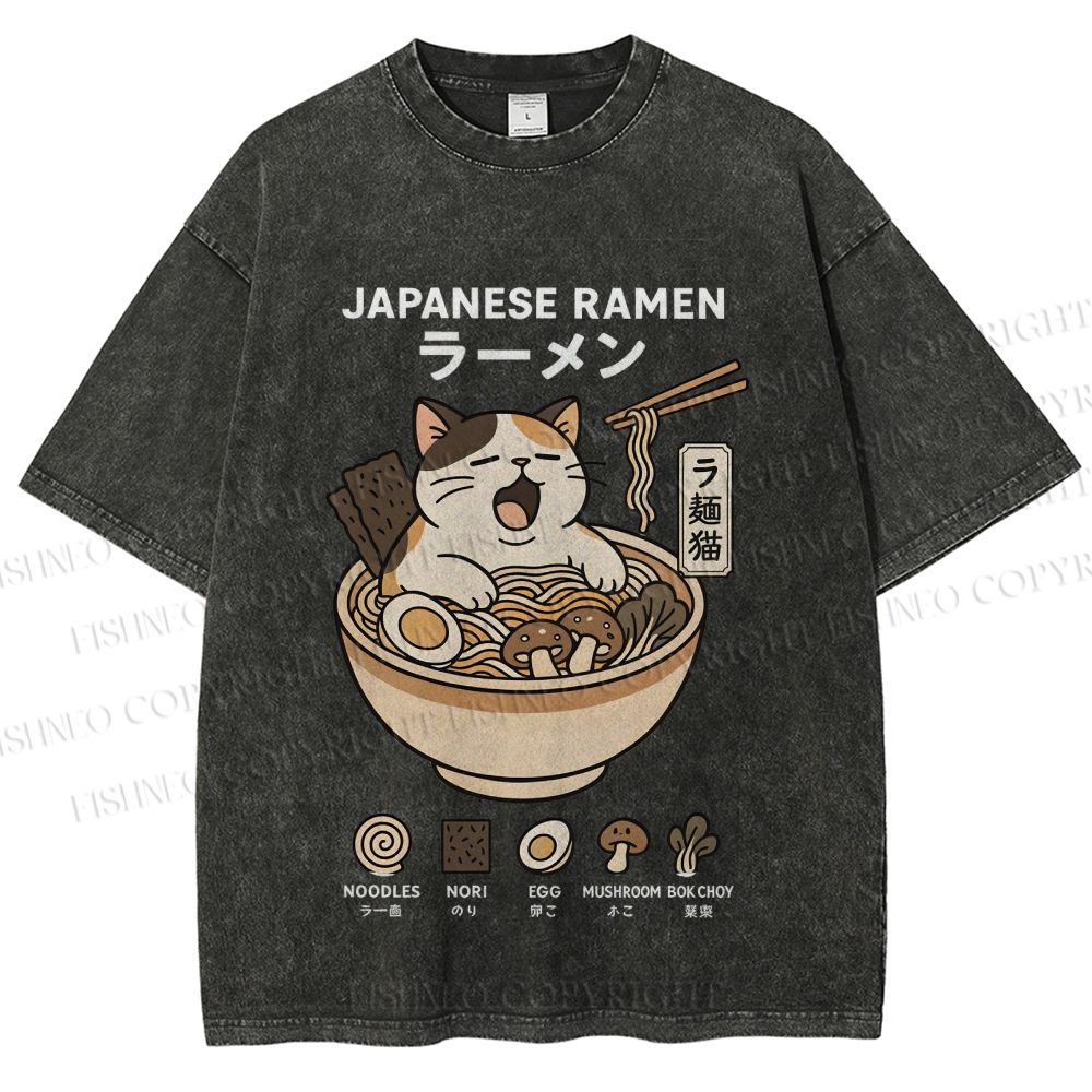 Unisex Ramen Cat Printed Washed Tee