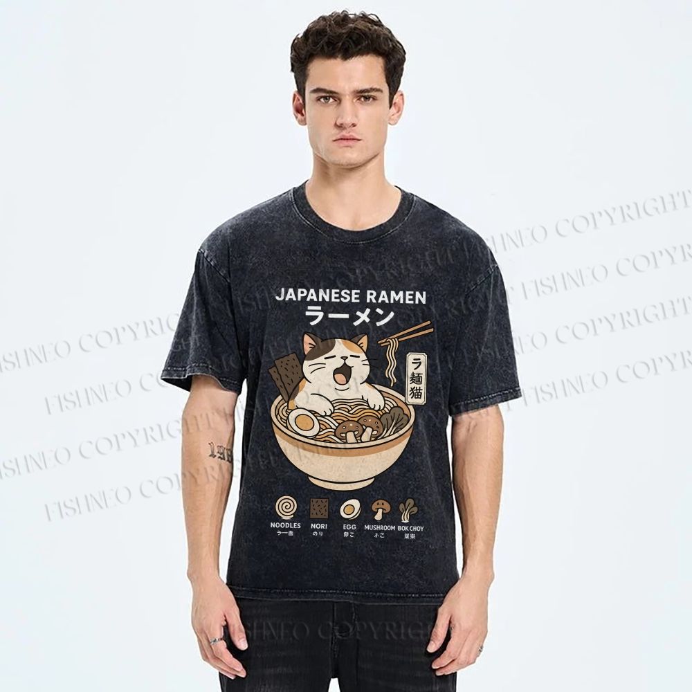 Unisex Ramen Cat Printed Washed Tee