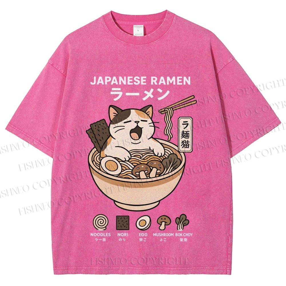 Unisex Ramen Cat Printed Washed Tee