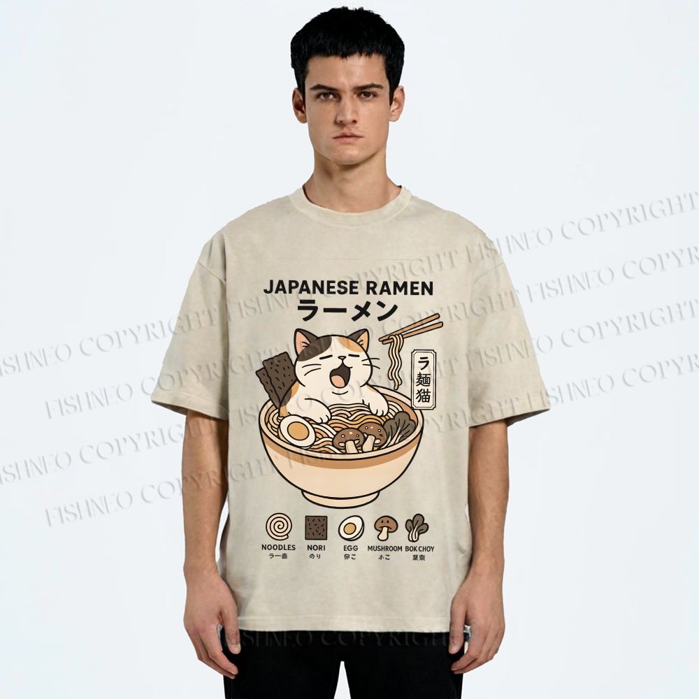 Unisex Ramen Cat Printed Washed Tee