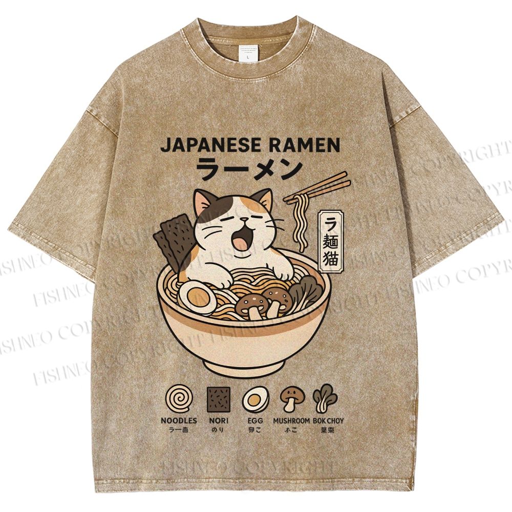 Unisex Ramen Cat Printed Washed Tee