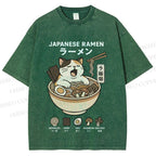 Unisex Ramen Cat Printed Washed Tee